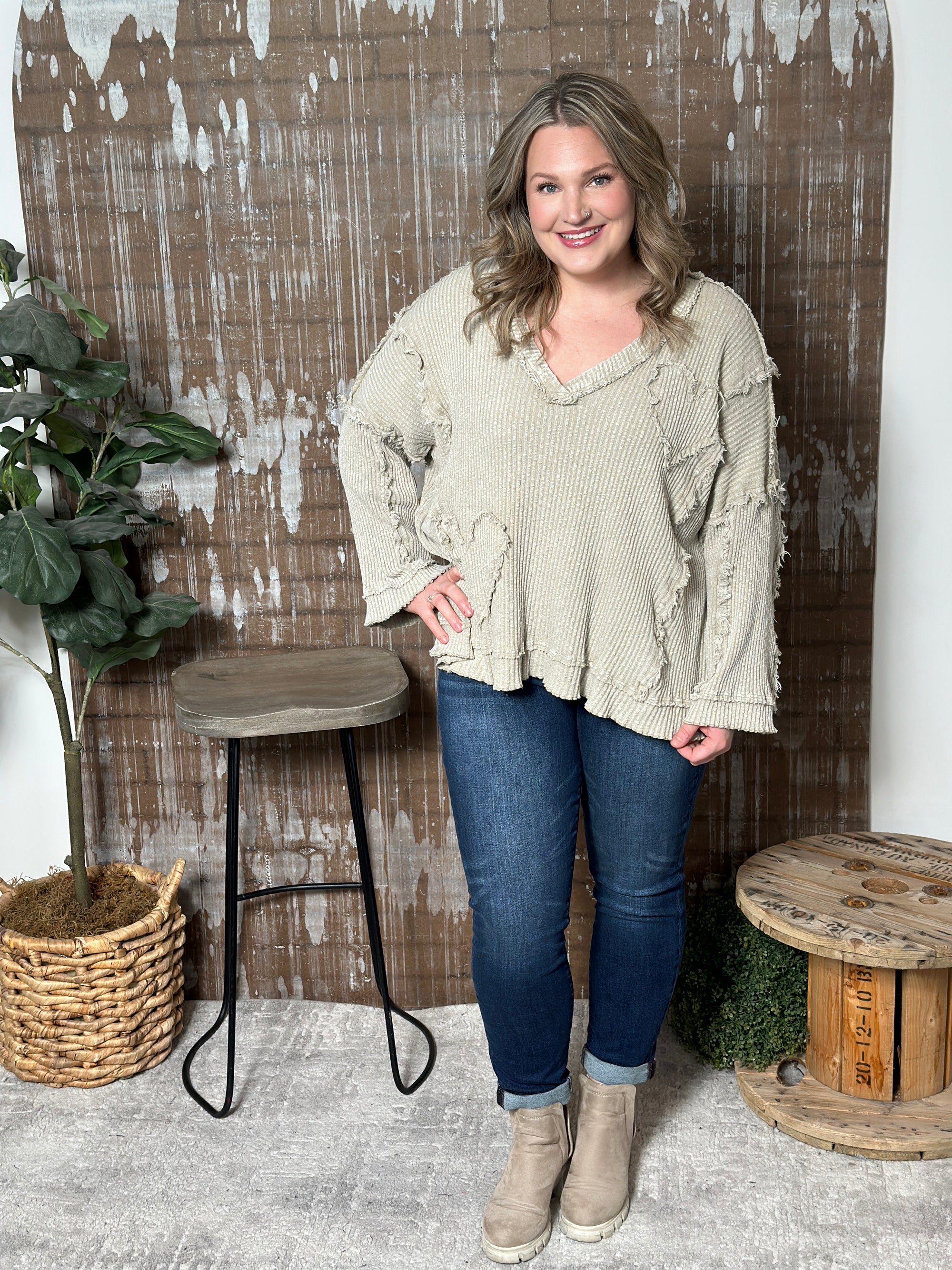 Reverse Hem Taupe Heart Vneck Top  (Small - 3X)