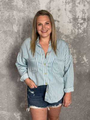 Denim Stripe Button Up Top