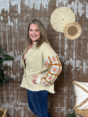 Cream Shacket with Granny Square sleeves