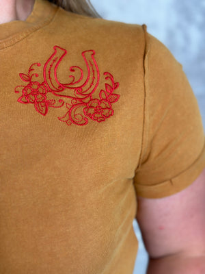 Embroidered Cowgirl Camel Tee