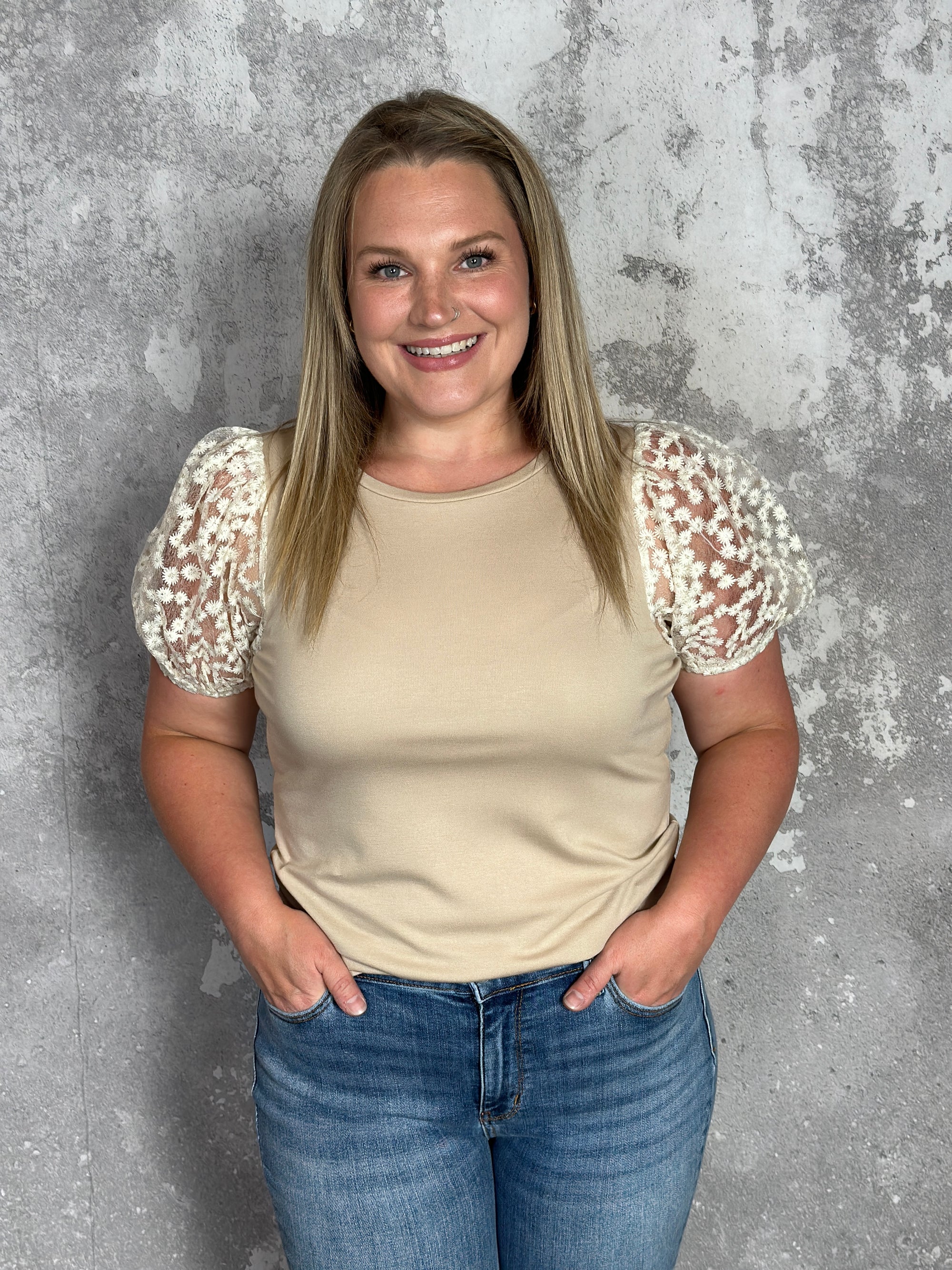 Embroidered Floral Puff Sleeve Top - Taupe