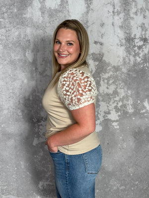 Embroidered Floral Puff Sleeve Top - Taupe