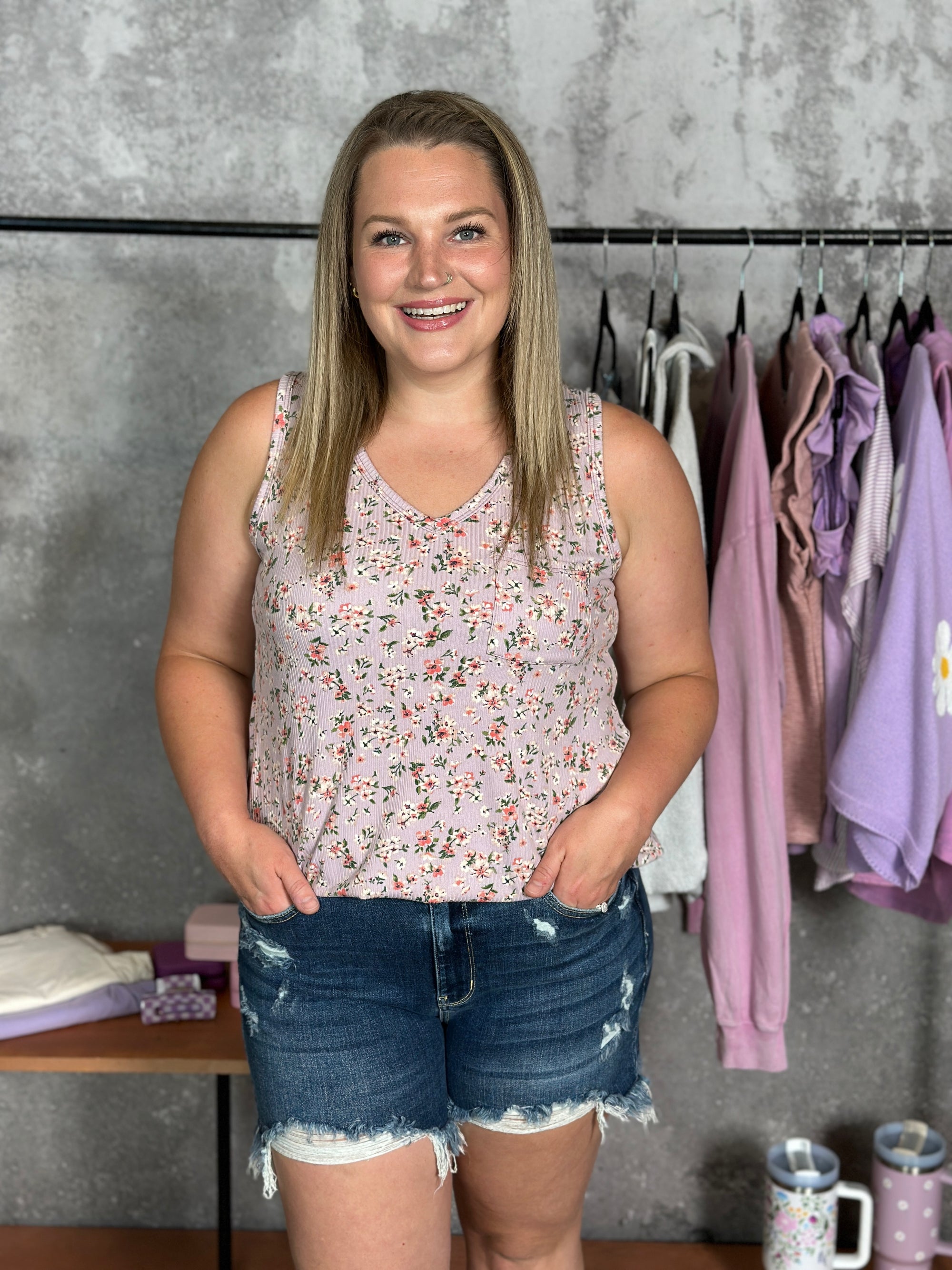 Vneck Pocket Tank - Lavender/Blush Floral (Small - 3X)