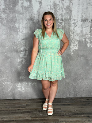 Ruffle Print Rachel Dress - Mint/Cream