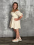 Cream Ruched Body Gauze Dress with Lace Sleeve Detail