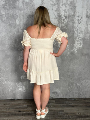 Cream Ruched Body Gauze Dress with Lace Sleeve Detail