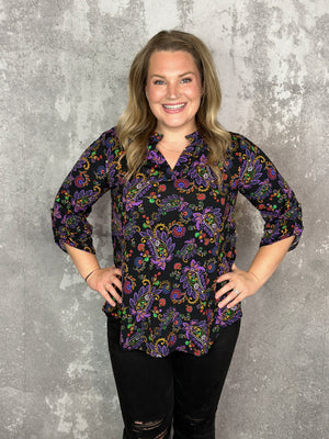 The Wrinkle Free Lizzie Top - Black Multi Pop of Purple Paisley (Small - 3X)