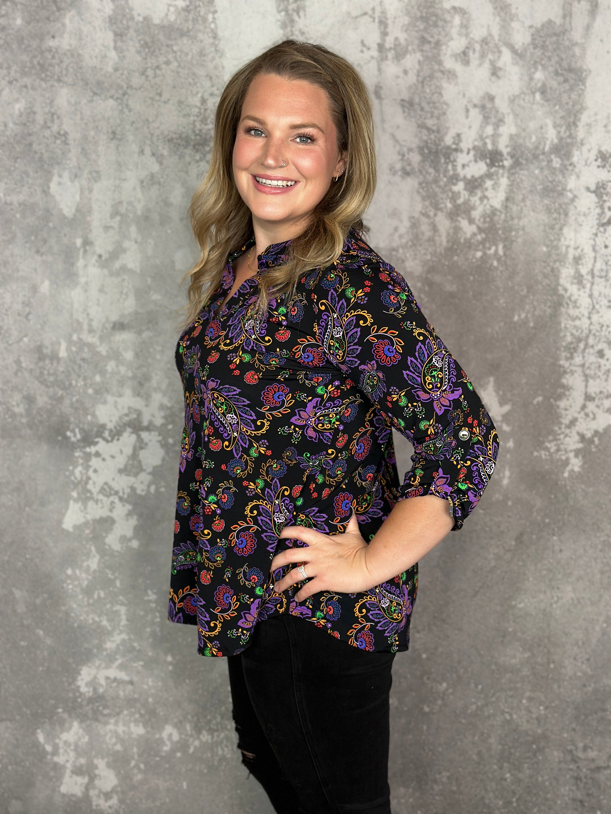 The Wrinkle Free Lizzie Top - Black Multi Pop of Purple Paisley (Small - 3X)