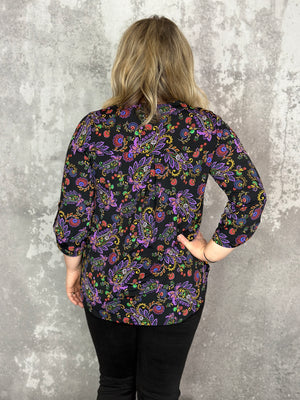 The Wrinkle Free Lizzie Top - Black Multi Pop of Purple Paisley (Small - 3X)