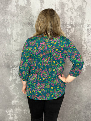 The Wrinkle Free Lizzie Top - Teal Paisley (Small - 3X)