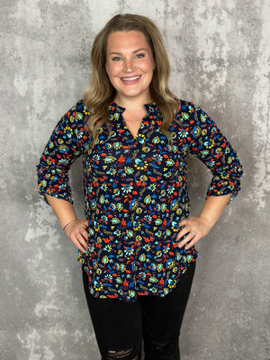 The Wrinkle Free Lizzie Top - Navy Multi Floral (Small - 3X)