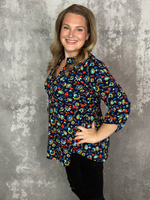 The Wrinkle Free Lizzie Top - Navy Multi Floral (Small - 3X)