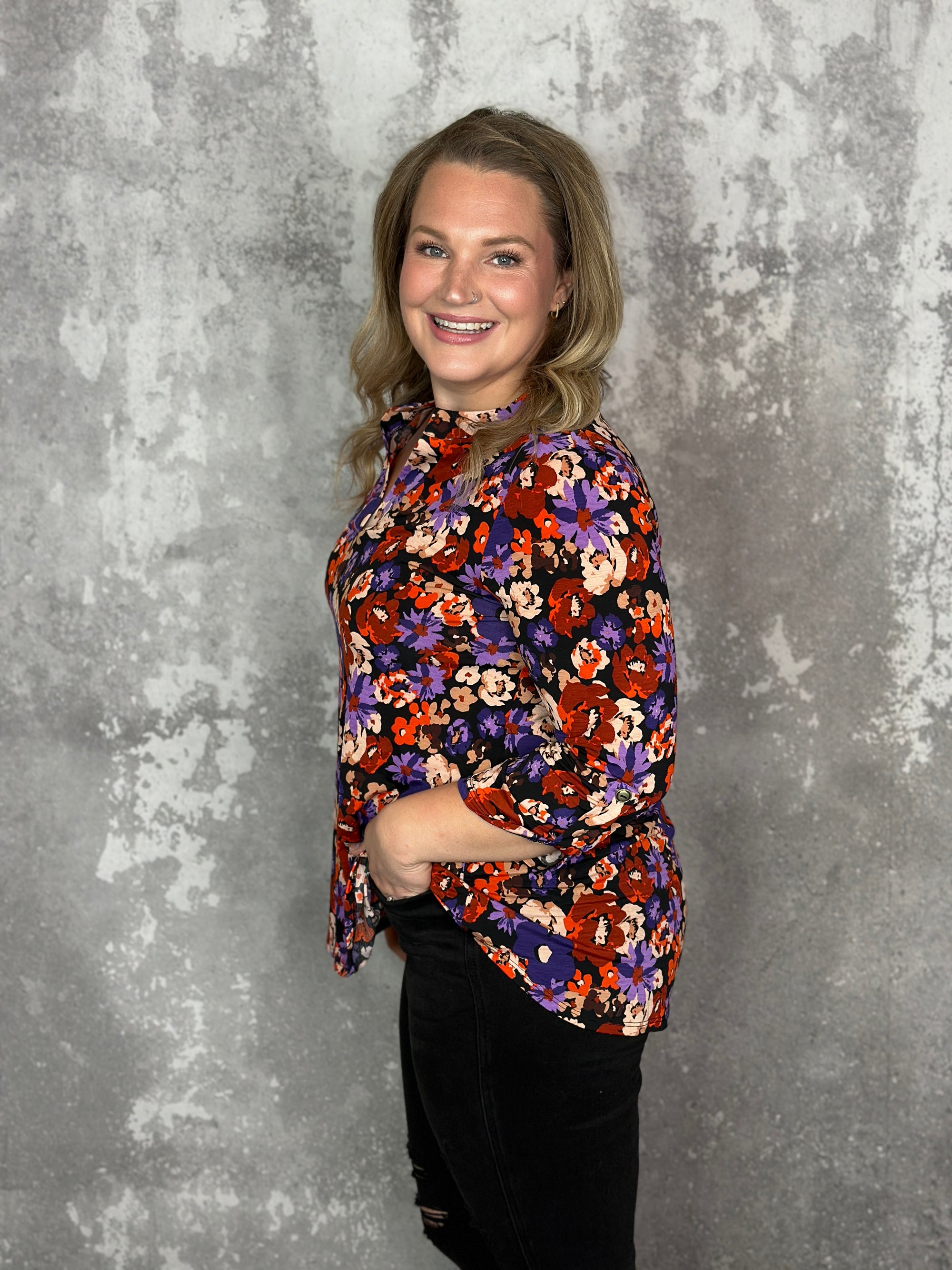 The Wrinkle Free Lizzie Top - Rust/Purple Floral (Small - 3X)