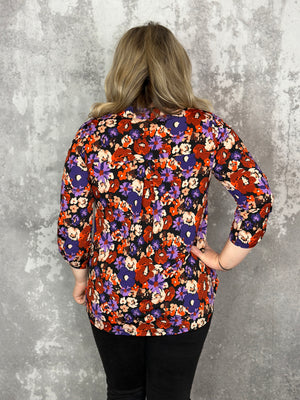 The Wrinkle Free Lizzie Top - Rust/Purple Floral (Small - 3X)