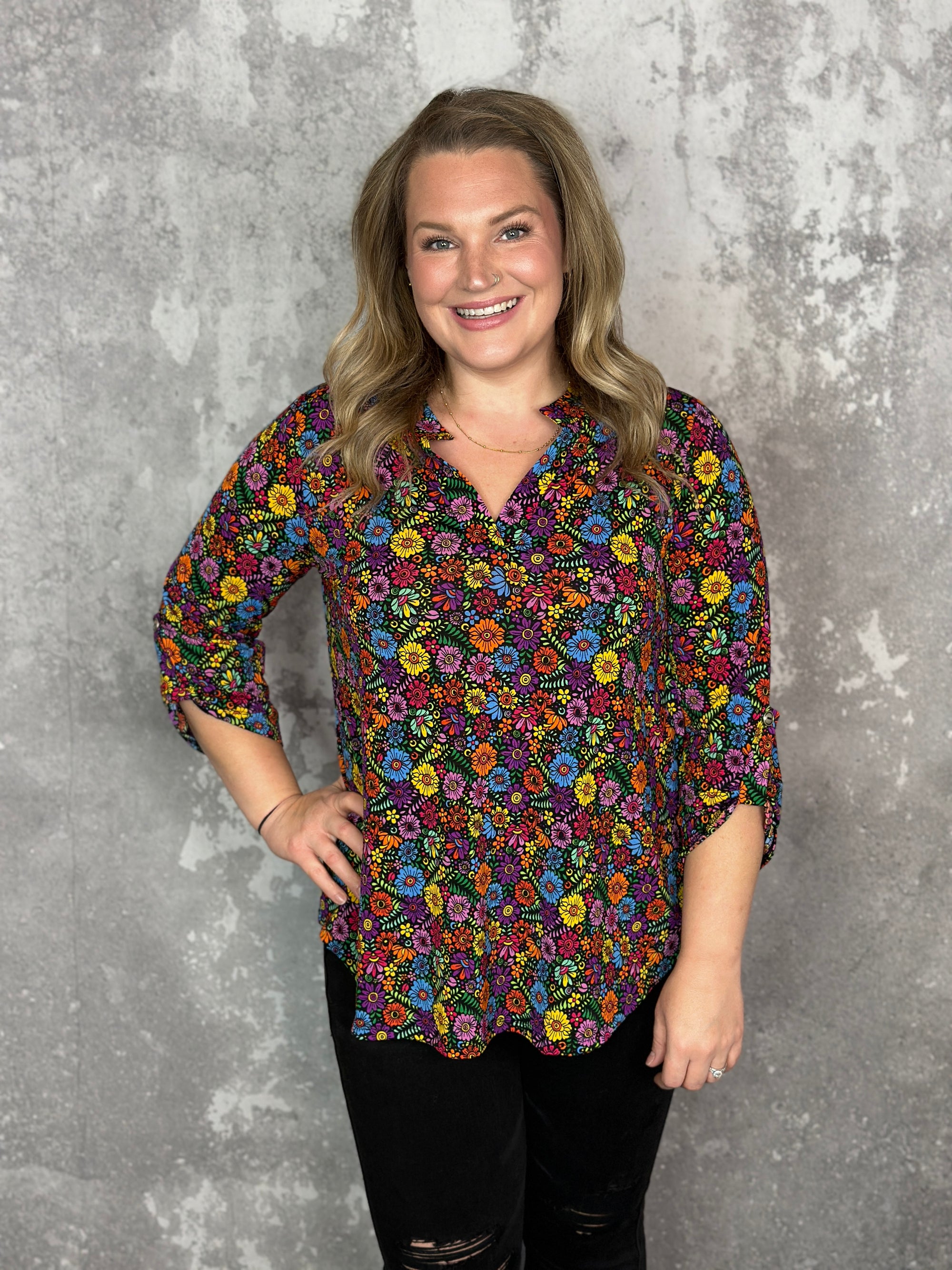 The Wrinkle Free Lizzie Top - Black Multi Fall Floral #1 (Small - 3X)