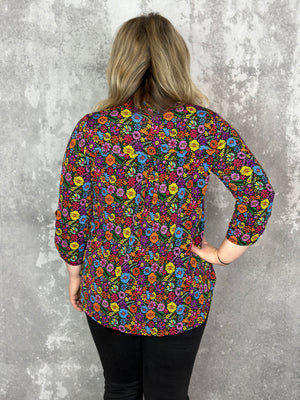 The Wrinkle Free Lizzie Top - Black Multi Fall Floral #1 (Small - 3X)