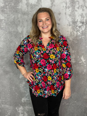 The Wrinkle Free Lizzie Top - Black Multi Fall Bold Floral #3 (Small - 3X)