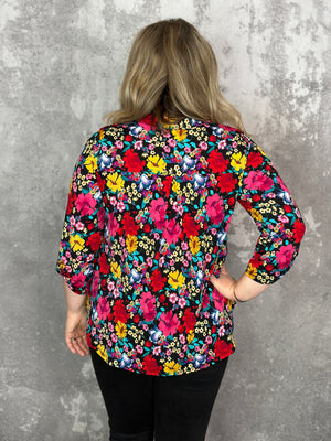 The Wrinkle Free Lizzie Top - Black Multi Fall Bold Floral #3 (Small - 3X)