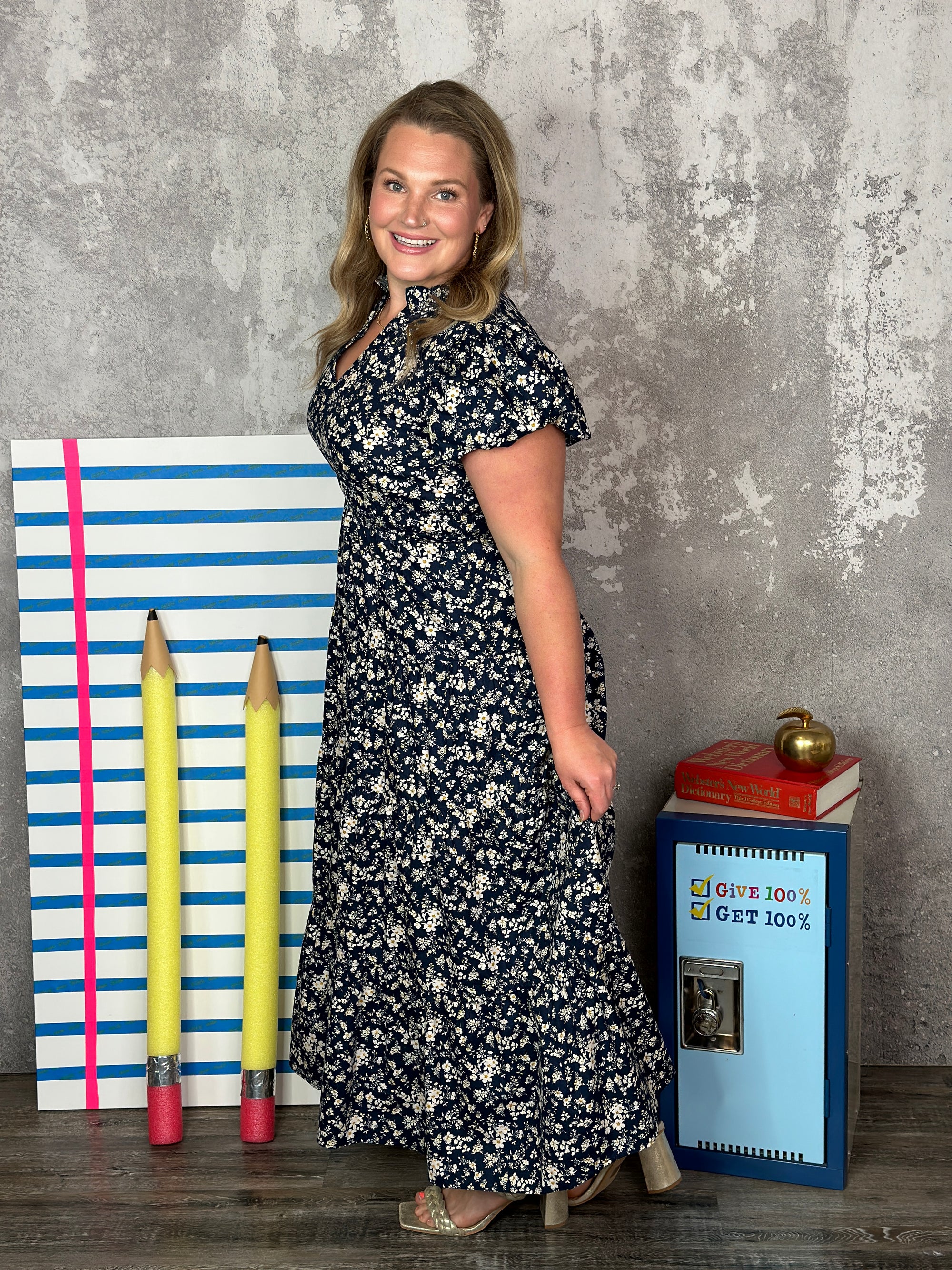 Navy Floral Smocked Waist Maxi Dress