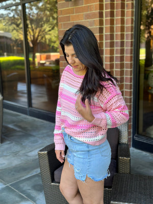 Loose Knit Pink Stripe Sweater (Small - 3X)