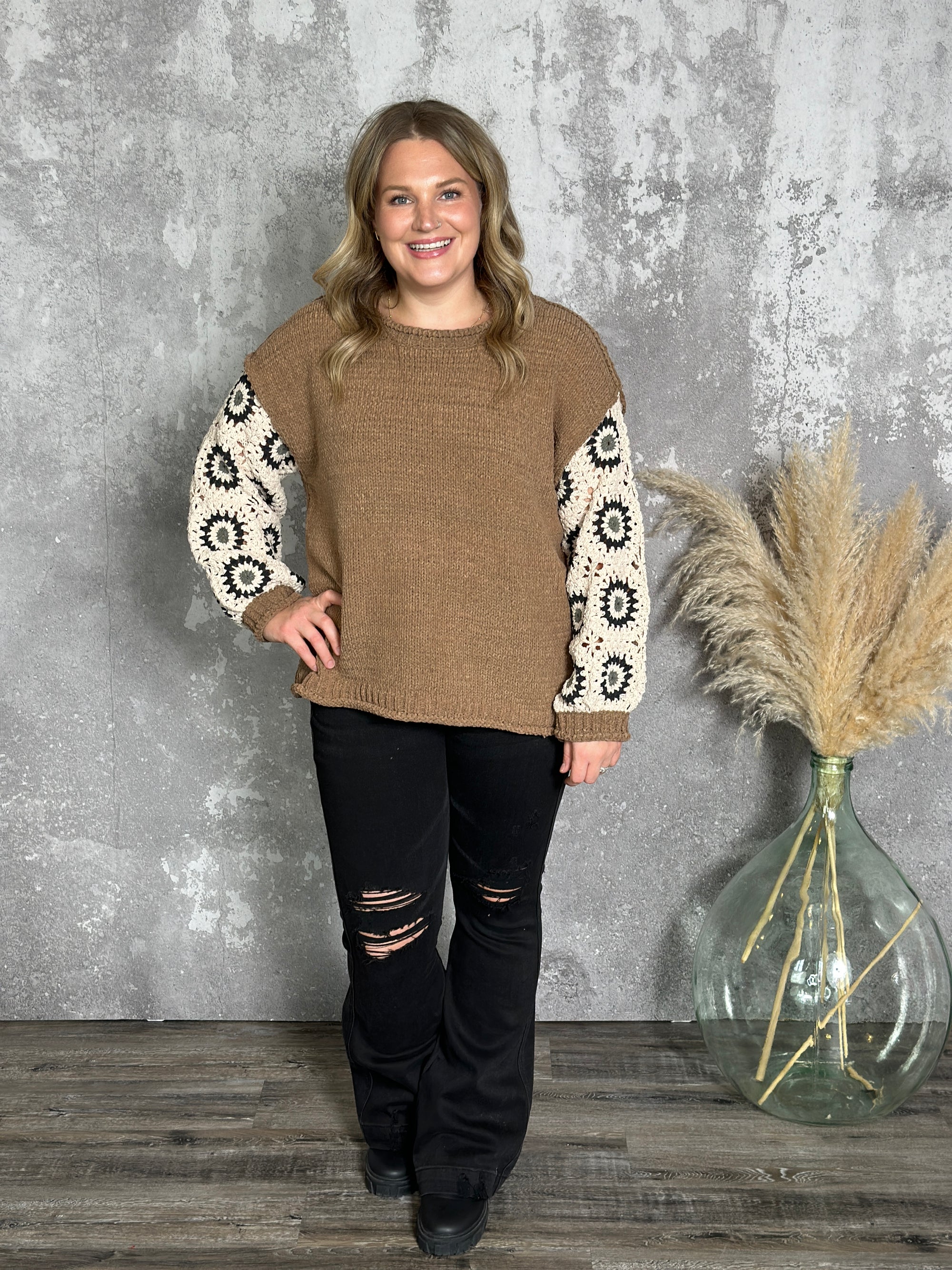 Brown Knit with Granny Square Sleeves