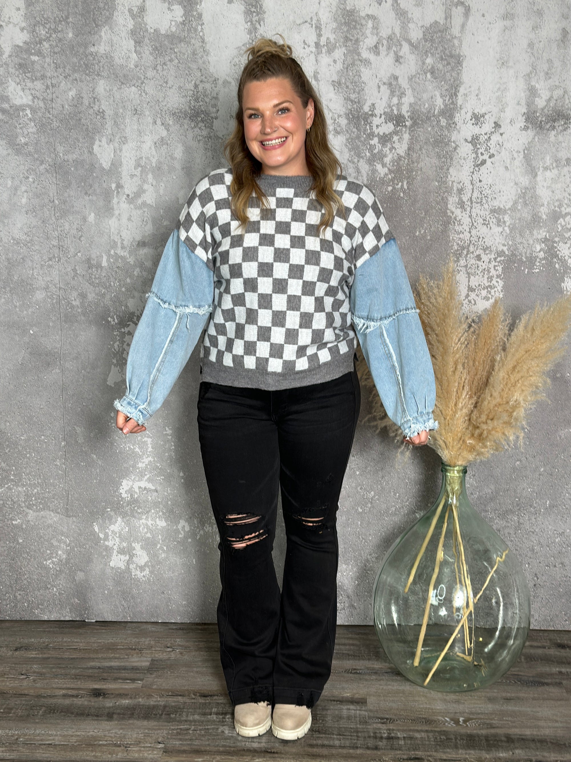 Grey Checker Sweater with Denim Sleeve Accents