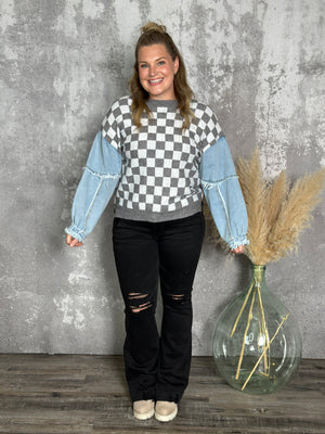 Grey Checker Sweater with Denim Sleeve Accents