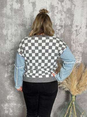 Grey Checker Sweater with Denim Sleeve Accents