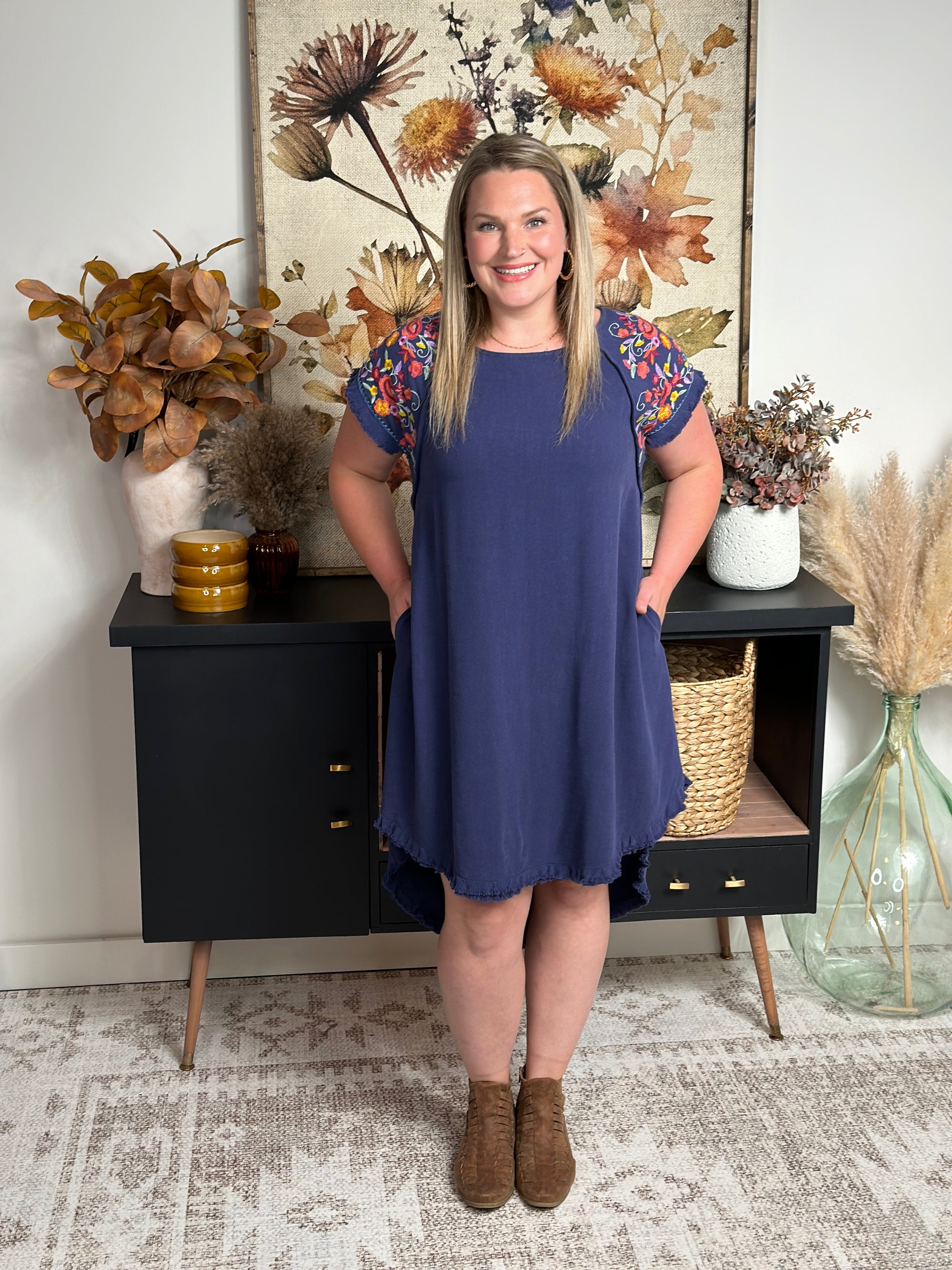 Blue Linen High Low Dress with Embroidery Sleeve Detail (Small - 2X)