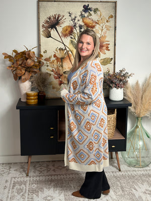 Geo Print Long Cardigan  (Small - 3X) RESTOCK