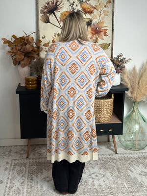 Geo Print Long Cardigan  (Small - 3X) RESTOCK