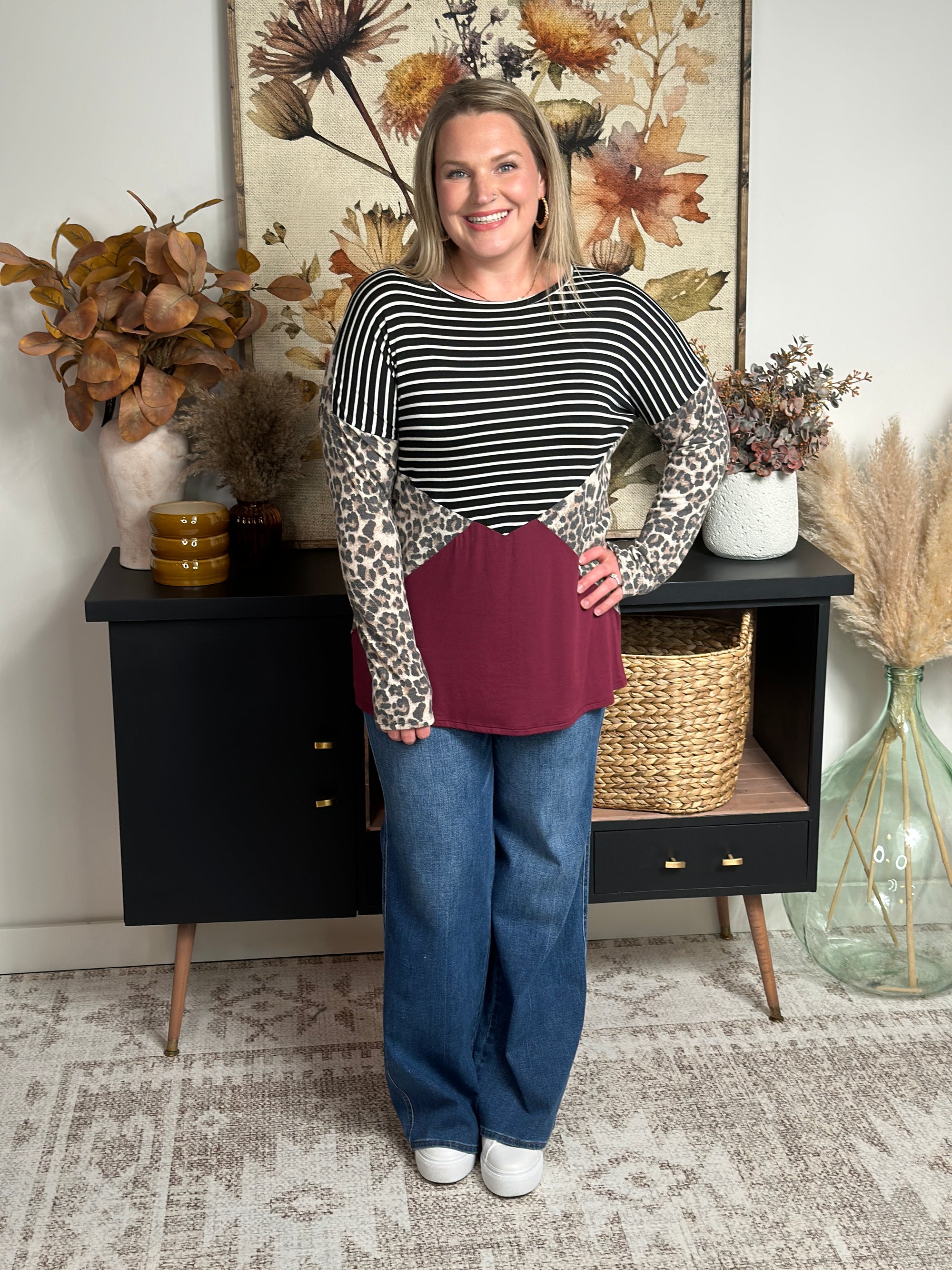 Leopard/Stripe Burgundy Block Long Sleeve Top  (Small - 3X)