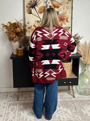 Geo Print Cardigan - Burgundy