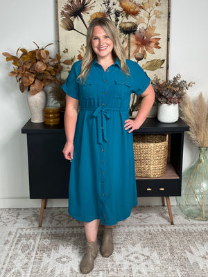 Teal Waist Tie Midi Dress