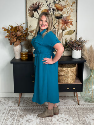 Teal Waist Tie Midi Dress