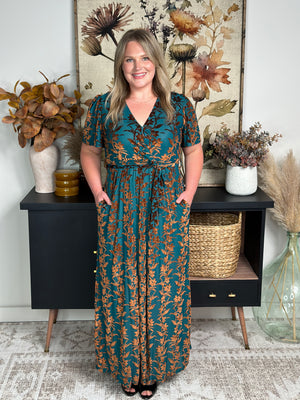 Evergreen Maxi Dress with Velvet Rust Print Detail