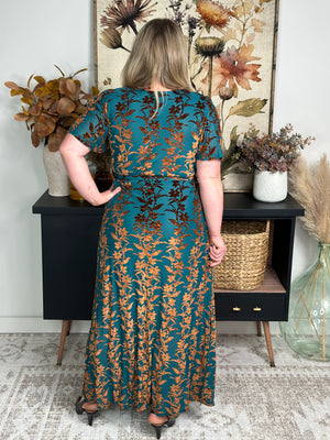 Evergreen Maxi Dress with Velvet Rust Print Detail