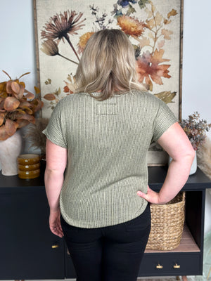 Ribbed Heather Olive Vneck Knit Tee