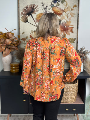 Mustard Floral Blouse with Front Tie (Small - 2X)