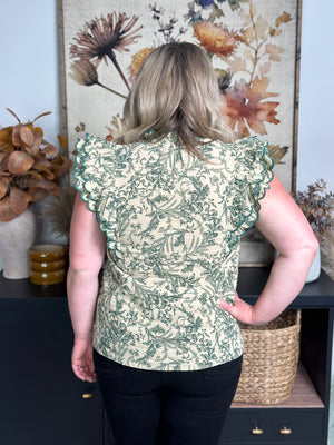 Antiqued Olive Floral Ruffle Sleeve Top