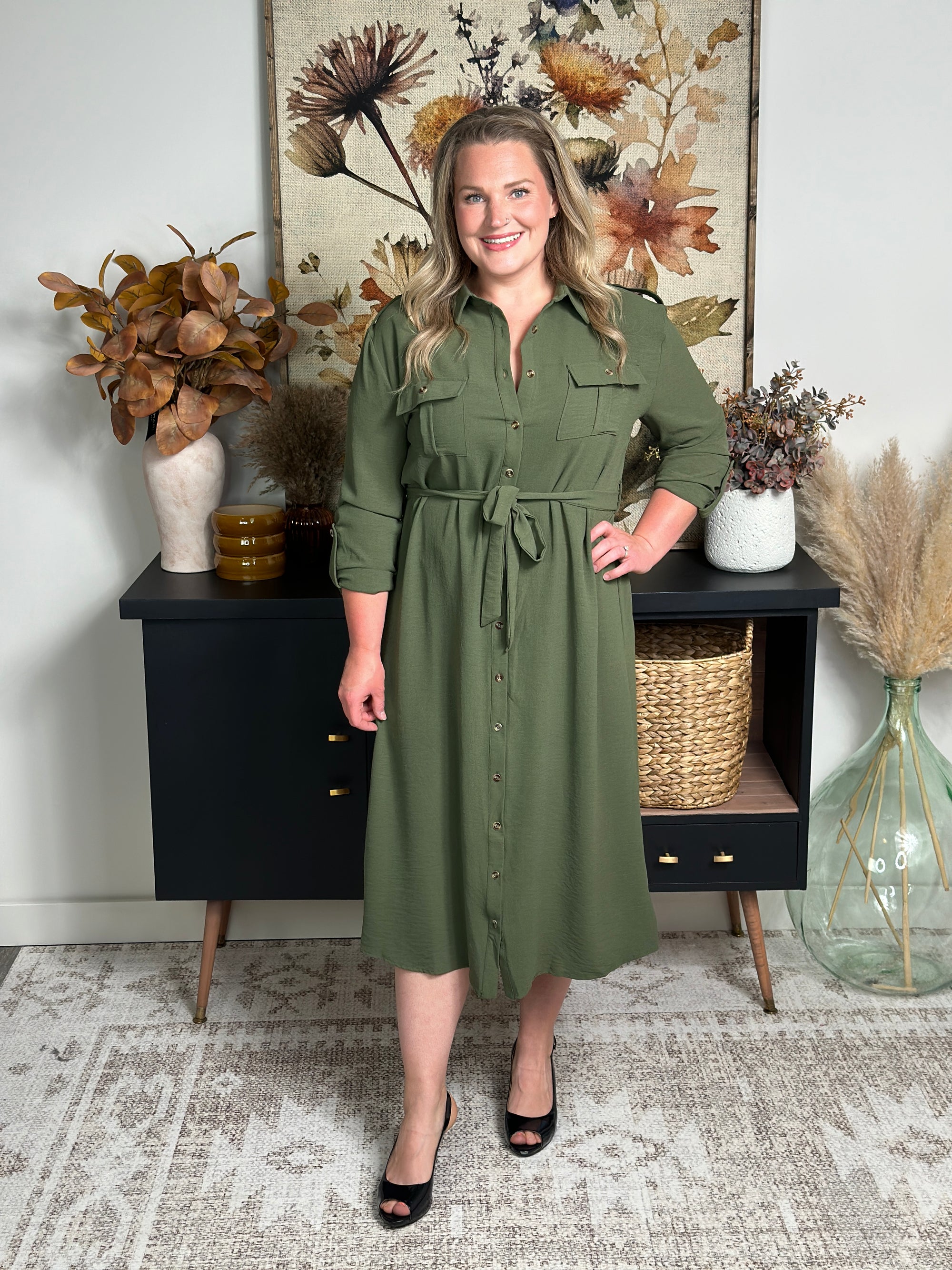 Olive Waist Tie Midi Dress