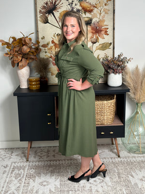 Olive Waist Tie Midi Dress