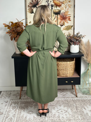 Olive Waist Tie Midi Dress