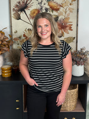 Black/White Stripe Ruffle Sleeve Tee