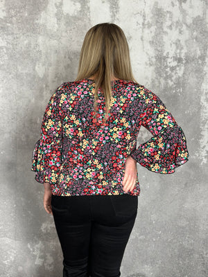 The Wrinkle Free 3/4 Ruffle Sleeve Lizzie Top - Navy Multi Floral (Small - 3X)