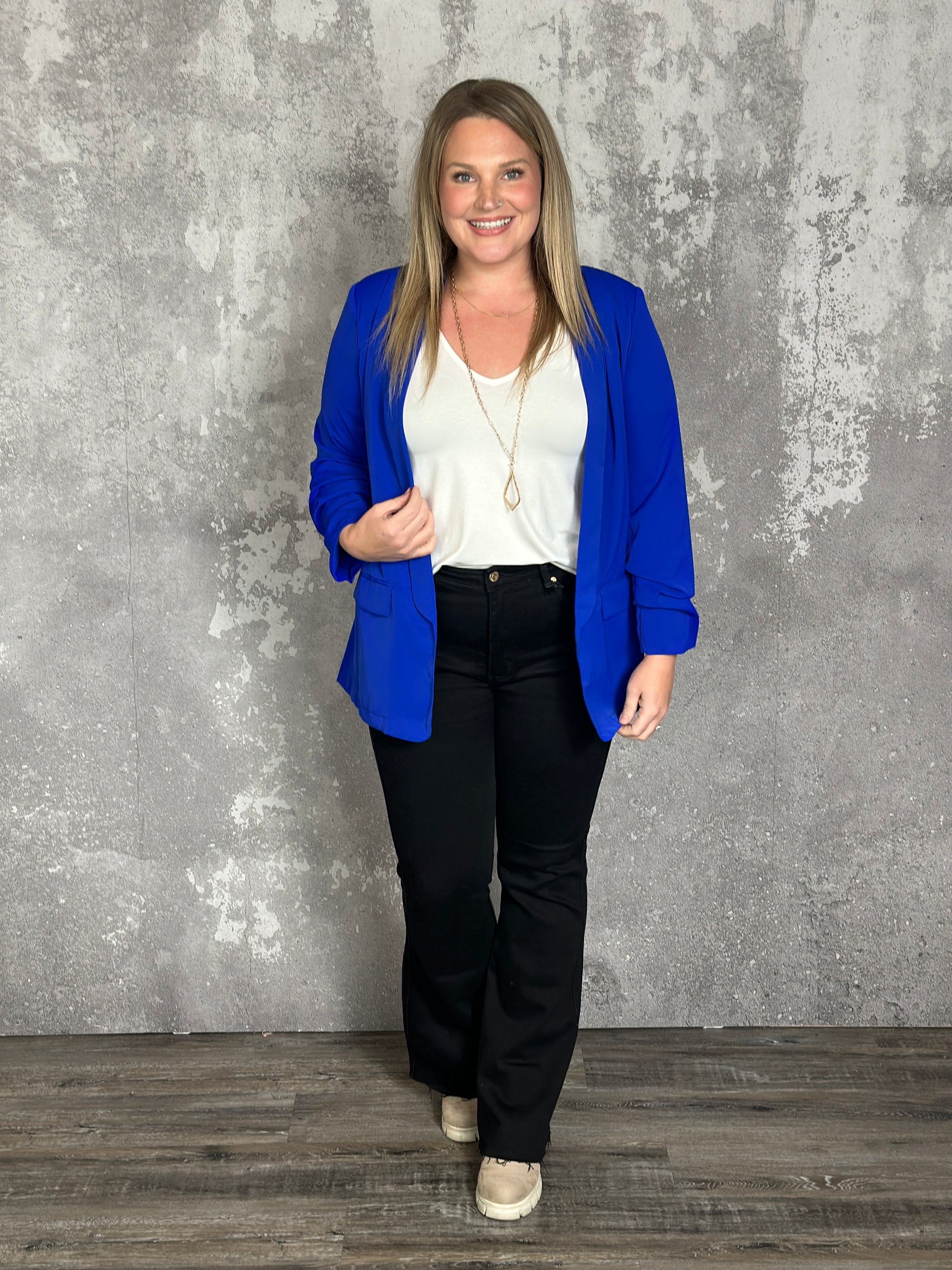 Blue Ruched Sleeve Blazer with Dalmatian Print Lining