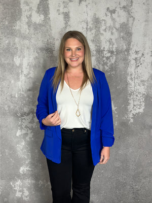 Blue Ruched Sleeve Blazer with Dalmatian Print Lining