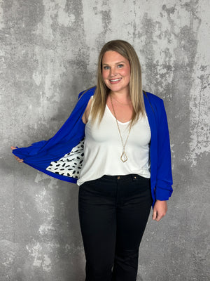 Blue Ruched Sleeve Blazer with Dalmatian Print Lining