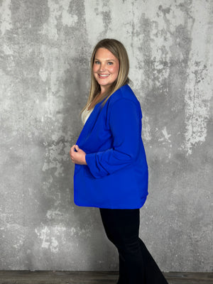 Blue Ruched Sleeve Blazer with Dalmatian Print Lining