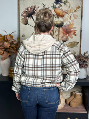 Cream/Brown Plaid Hooded Bomber Jacket